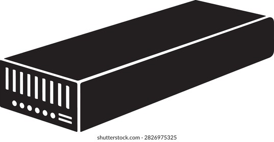 Minimalist black server rack illustration showing ventilation slots and LED indicators for network or data center use