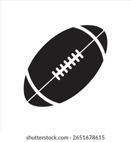 A minimalist black shape representing a rugby ball with white stitching and seams.