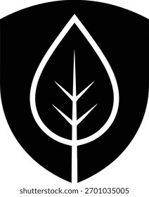 A minimalist black shield emblem featuring a white outline of a stylized leaf with a central vein and two branching veins, symbolizing nature and protection.
