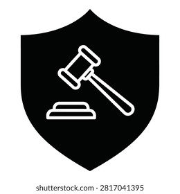 A minimalist black shield icon featuring a white gavel outline, representing legal protection, justice, law enforcement, corporate compliance, and judicial authority.