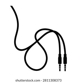 A minimalist black silhouette of an audio cable featuring dual 3.5mm jack connectors. This simple icon represents sound connectivity, music technology, and hardware.