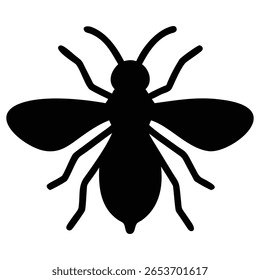 A minimalist black silhouette of a bee is centered on a white background. The insect is depicted from a top-down perspective, showcasing its body segments, wings, and antennae.