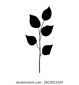 Minimalist black silhouette of a branch with five leaves, emphasizing natural shapes and organic form, suitable for nature or botanical themes.