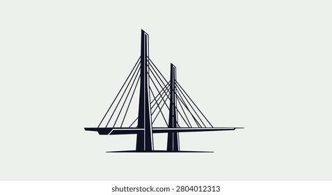 Minimalist black silhouette of a cable-stayed bridge, ideal for transport, infrastructure projects, and urban development concepts.