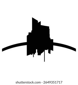 A minimalist black silhouette of a city skyline with sharp geometric shapes representing skyscrapers is set against a white background. 