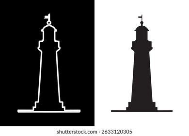 Minimalist black silhouette of a classic lighthouse, perfect for navigation, maritime, and coastal themes