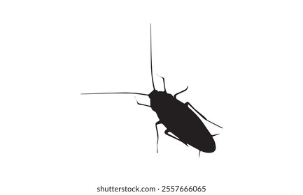 Minimalist black silhouette of a cockroach with detailed antennae and legs on a clean white background, ideal for designs.