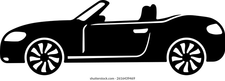 Minimalist black silhouette of a convertible car, front side view. Simple flat style icon for transport, automotive themes, or user interface.