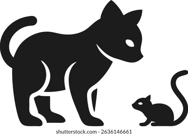 Minimalist black silhouette of a curious cat observing a squirrel vector illustration