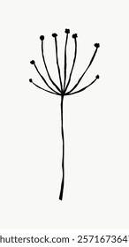 Minimalist black silhouette of a dandelion seed head. Simple, elegant design with thin stem and sparse seeds. Perfect for modern decor. Simple black line art doodle vector.