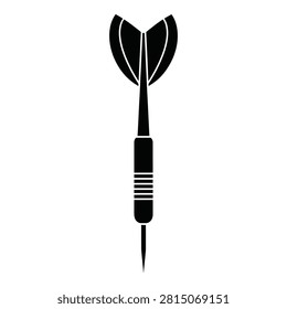 Minimalist black silhouette of a dart with flight and barrel. Simple icon design perfect for gaming, sports, or target concepts. Isolated on white background for easy editing.