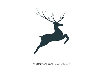 Minimalist black silhouette of a deer mid-leap, showcasing large antlers, against a clean white background.