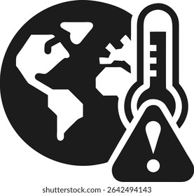 Minimalist black silhouette depicting earth and rising thermometer symbolizing global warming threat