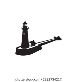 Minimalist black silhouette design of lighthouse positioned on stone foundation pier with small houses at end of long path isolated on white background depicting maritime safety coastal infrastructure navigation beacons and quiet seaside architecture for creative graphic assets and travel layouts.