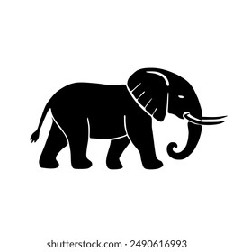 Minimalist black silhouette of an elephant in profile, showing tusks, trunk, and distinctive body shape on white background.