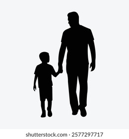 Minimalist black silhouette of a father and son holding hands, symbolizing love, care, and family bond. Ideal for parenting and family-themed designs.