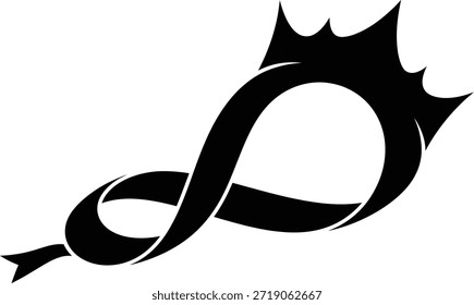 Una silueta negra minimalista con un diseño de bucle infinito que integra a la perfección una corona king y un gráfico decorativo de elemento de cola de cinta. Ilustración vectorial