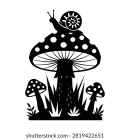 A minimalist black silhouette featuring a small snail resting atop a large spotted mushroom surrounded by smaller toadstools and grass. Perfect for nature logos.