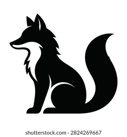 A minimalist black silhouette of a fox sitting in profile against a white background. The image features a distinct bushy tail and pointed ears, suitable for design and icons.