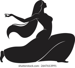 Silhueta preta minimalista de uma dançarina feminina graciosa em um vestido fluente ajoelhado com braços estendidos e cabelos longos, pose dinâmica sobre fundo branco

