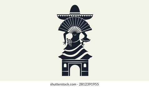 A minimalist black silhouette graphic featuring a traditional Mexican dancer wearing a sombrero and holding a large folding fan above a small architectural structure