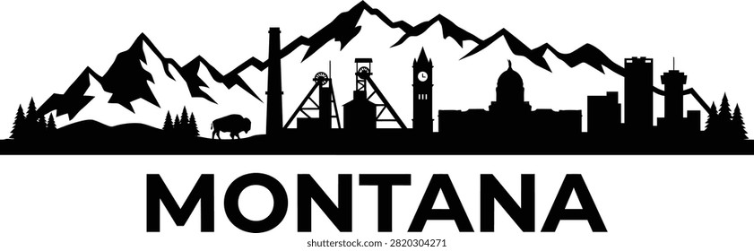 A minimalist black silhouette graphic showcasing the rugged mountain peaks and industrial mining headframe skyline of Butte Montana set against a clean white background with bold text below.