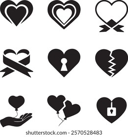 Minimalist Black Silhouette Heart Icon Bundle with 9 Designs.