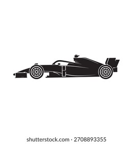 Eine minimalistische schwarze Silhouette eines Hochleistungs-Formel-1-Rennwagens, von der Seite betrachtet, die sein aerodynamisches Design zeigt.