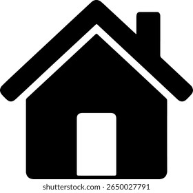 A minimalist black silhouette of a house with a prominent roof, a single chimney, and a white rectangular door. This graphic is a classic representation of a home.