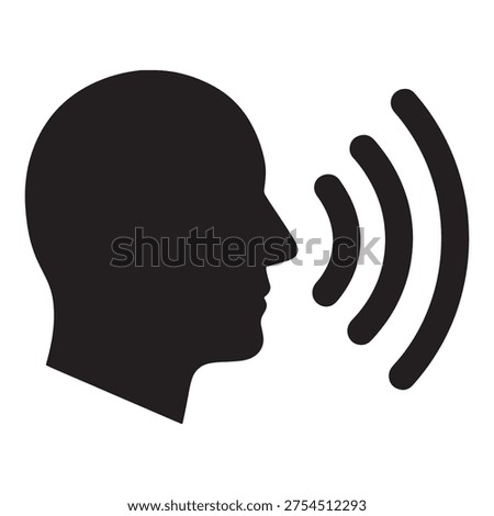 A minimalist black silhouette of a human head profile with sound waves emanating from the mouth