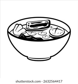 A minimalist black silhouette icon of bakso, a popular Indonesian meatball soup, depicted with a bowl and spoon outline, suitable for food and restaurant graphics.