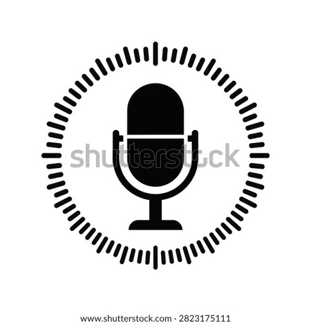 Minimalist black silhouette icon of a classic microphone surrounded by a circular sound wave pattern, suitable for podcasting and media production concepts.