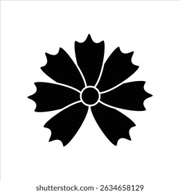 A minimalist black silhouette icon of a cosmos flower, depicted with its wide petals and slender stem, perfect for nature and floral designs.