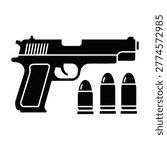 A minimalist black silhouette icon featuring a handgun pistol and three cartridges arranged in a row. This clean symbol represents firearms, security, and defense.