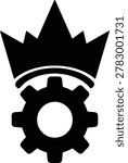 Minimalist black silhouette icon featuring a king crown and gear