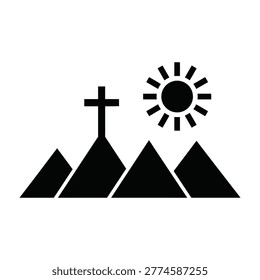 A minimalist black silhouette icon featuring a Christian cross atop a mountain peak under a radiant sun. This spiritual symbol represents faith, hope, and divinity.