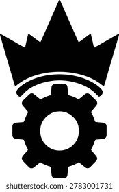 Minimalist black silhouette icon featuring a king crown and gear