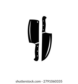 Minimalist black silhouette icon featuring a cleaver and a chef's knife, ideal for kitchen-related branding, logos, or cooking concepts.