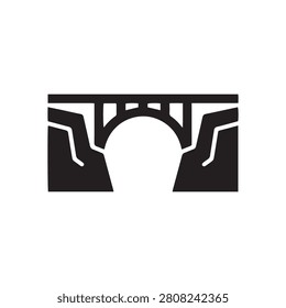A minimalist black silhouette icon featuring an arched bridge spanning across a deep rocky canyon or gorge on a white background.