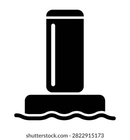 A minimalist black silhouette icon of a floating buoy on water waves. This simple navigation marker symbol is perfect for nautical maps, maritime safety, oceans.