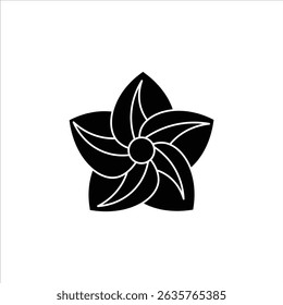 A minimalist black silhouette icon of a frangipani flower, featuring its layered petals and tropical shape, perfect for floral and exotic designs.