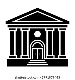 A minimalist black silhouette icon representing a bank or government building featuring architectural columns, a triangular pediment, and stairs in a flat design.
