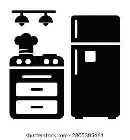 A minimalist black silhouette icon representing a modern kitchen interior featuring a cooking stove with a chef hat and a large refrigerator for culinary projects.
