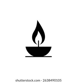 Minimalist black silhouette icon showing a lit candle with a flame, placed in a small bowl, sitting on a horizontal line, against a plain white backdrop.