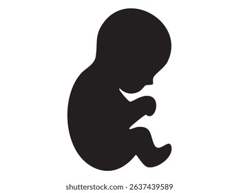 Minimalist black silhouette icon of unborn baby fetus in curled position isolated on white background. Concept of pregnancy, newborn, prenatal care, motherhood, medical illustration.