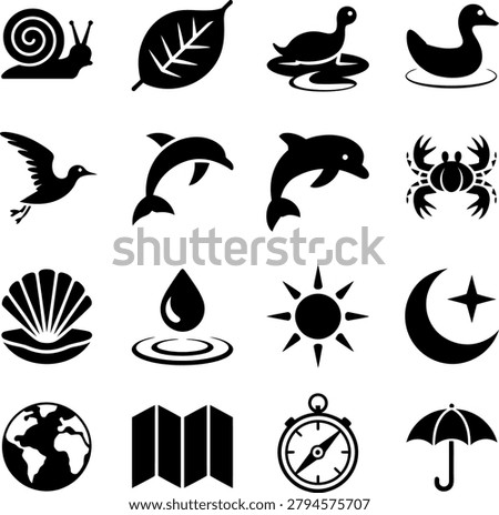 Minimalist black silhouette icons featuring animals nature and travel elements in a clean design style