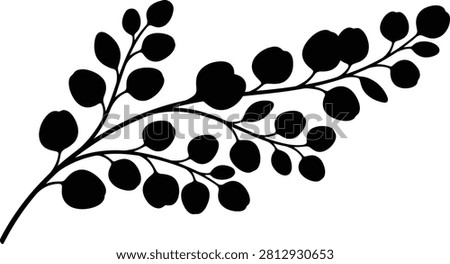 A minimalist black silhouette illustration of a delicate leafy plant branch isolated on a plain white background.