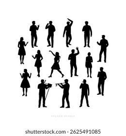 Minimalist black silhouette illustration of various people icons interacting at a lively event .Engaged in dancing , music and enjoying. format is in clean vector style editable.