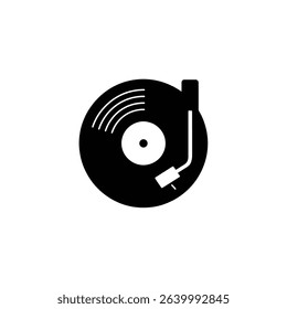 A minimalist black silhouette illustration of a vinyl record player. The design showcases the record, a tone arm, and defined grooves in a clean, vector graphic style.