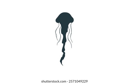 Minimalist black silhouette of a jellyfish, featuring flowing tentacles, floating elegantly against a plain white background.